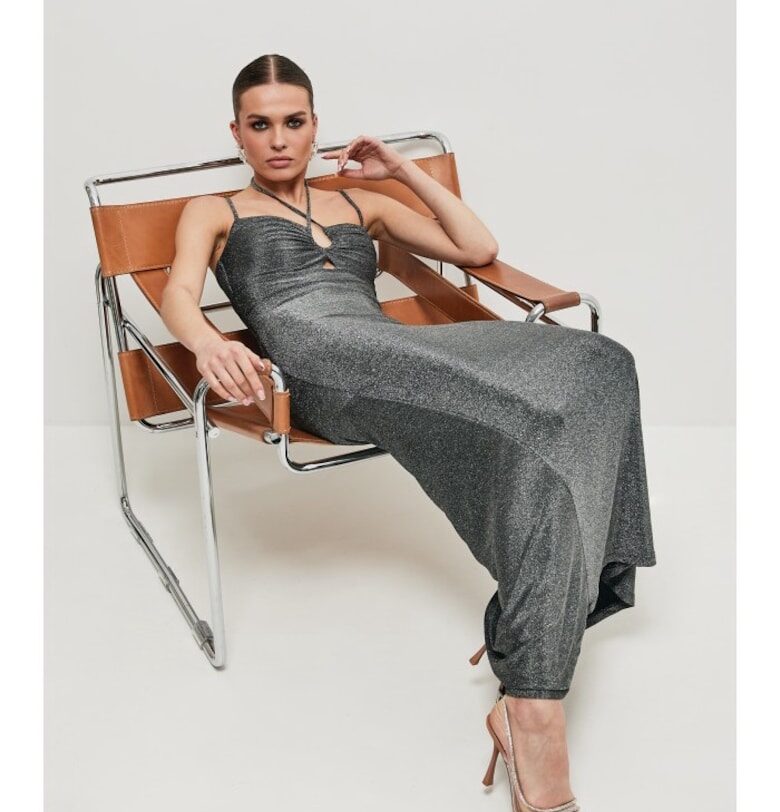 Метална макси рокля с вързано деколте - сребристо - М MOE