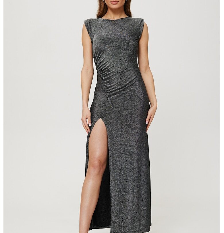 Метална макси рокля с цепка на крачола Маковер - Сребрист Makover