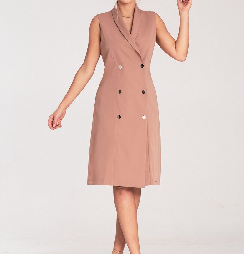 Миди блейзър рокля  Полиестер-вискоза - Вталена кройка - Без ръкави - Копчета - Бежов Figl