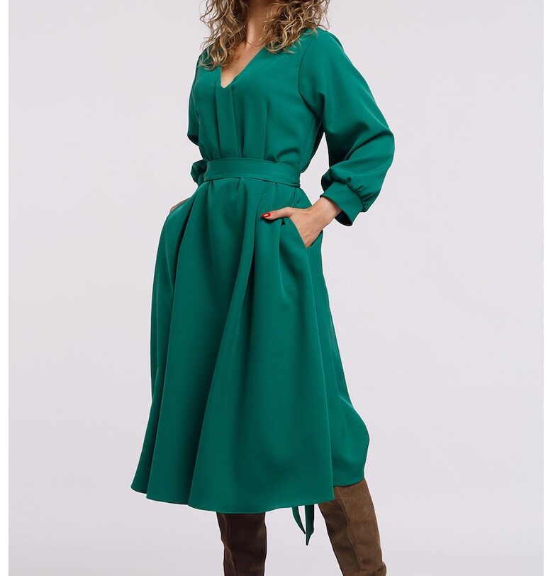 Миди разкроена рокля с джобове - Аква зелено CAMISSI