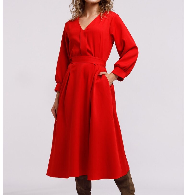 Миди разкроена рокля с джобове - Червен CAMISSI