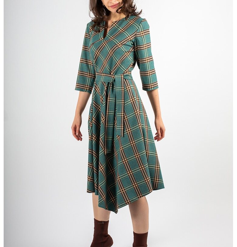 Миди рокля Elisabeth с връзка - Кафяв/Бледозелен/Петролно синьо Couture de Marie