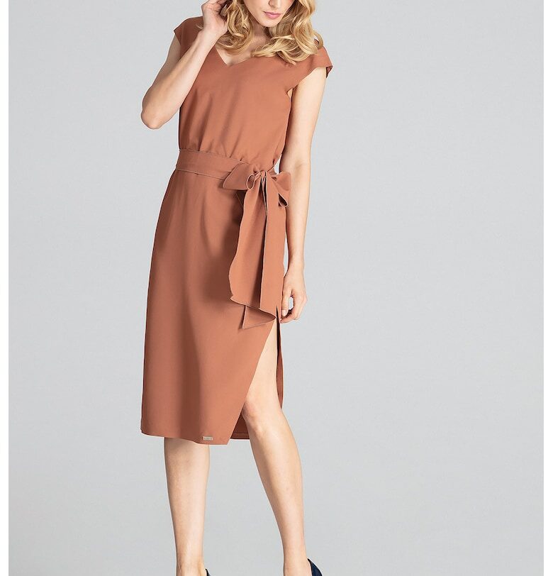 Миди рокля  M674 - елегантна - къс ръкав - кафява - 100% полиестер - Figl