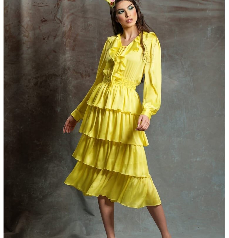 Миди рокля Soleil с волани - Жълт MIAU by Clara Rotescu