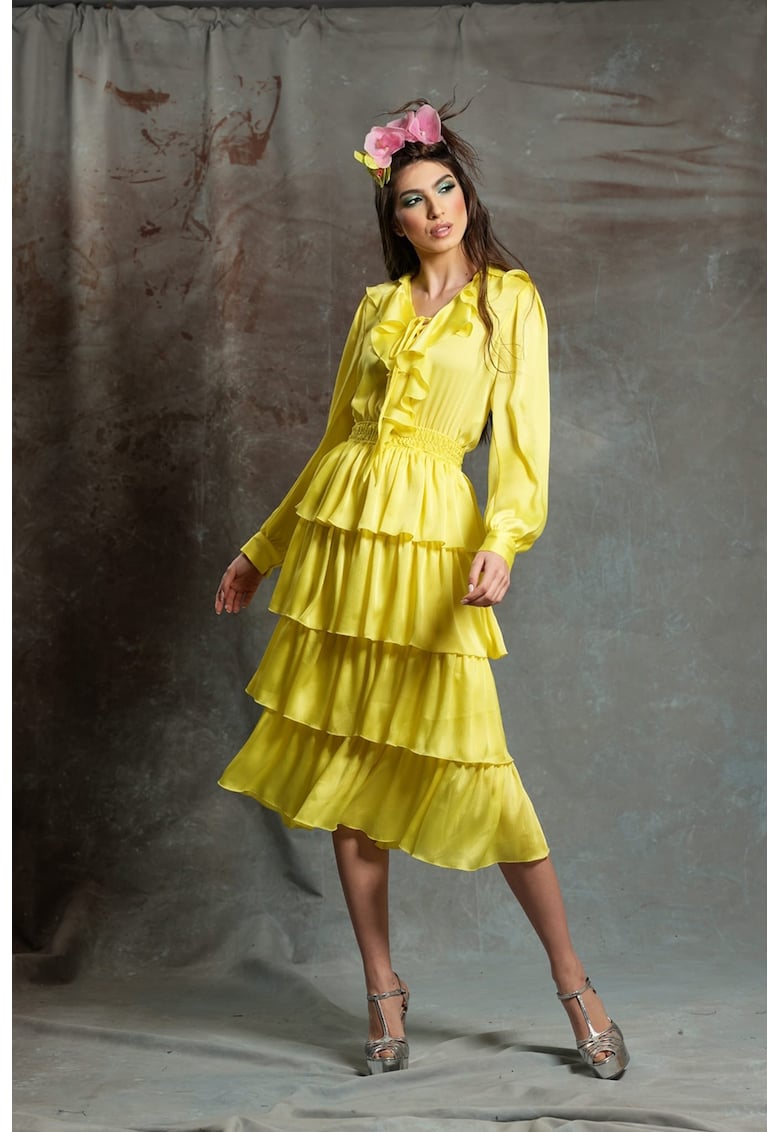 Миди рокля Soleil с волани - Жълт MIAU by Clara Rotescu