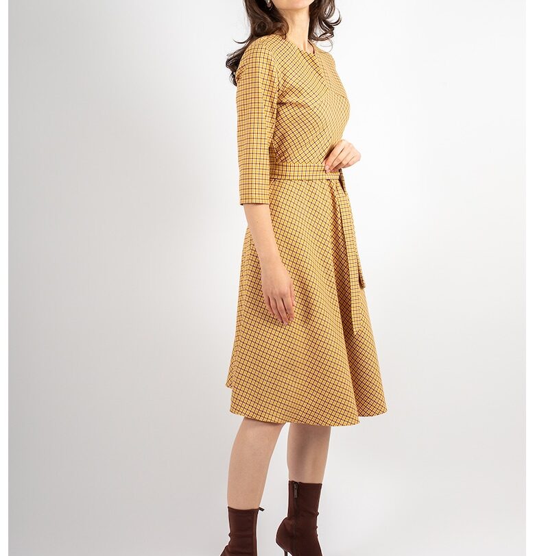 Миди рокля Victoria на каре - Кафяв/Тъмножълт Couture de Marie