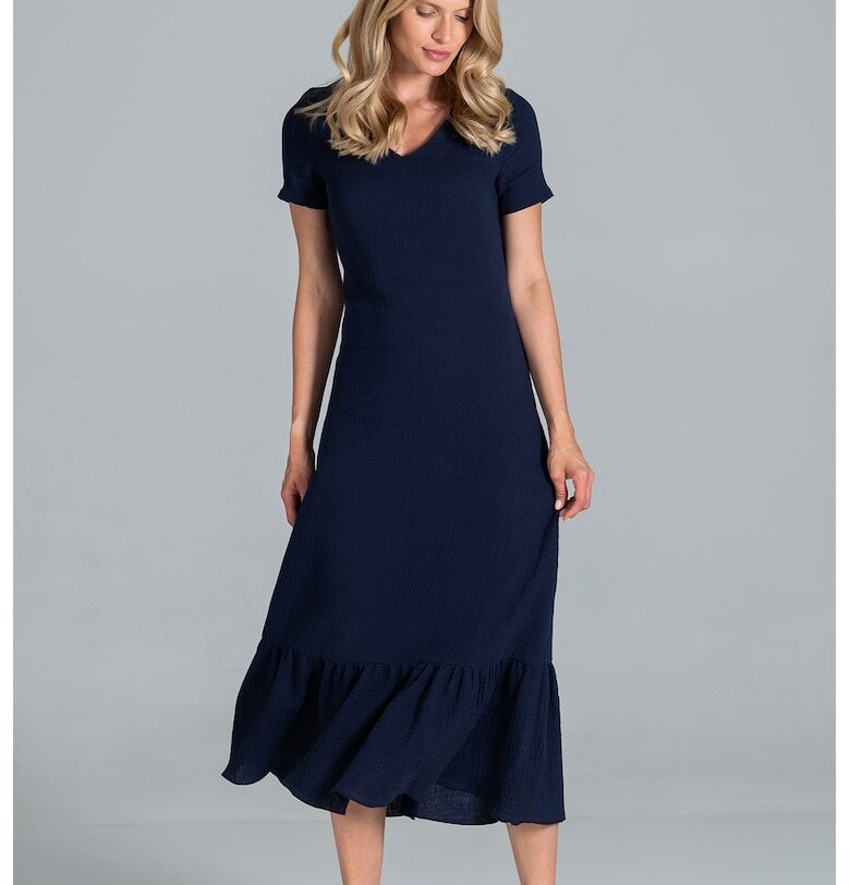 Миди рокля  волани - къс ръкав - тъмносиня - памук Figl