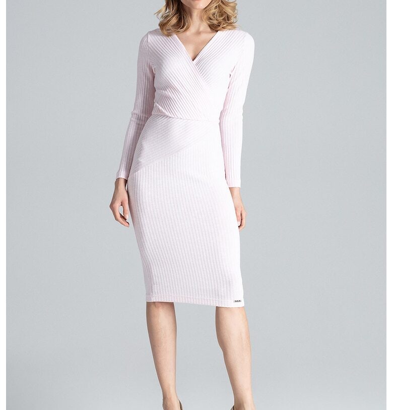 Миди рокля -  дълъг ръкав - рипсено деколте - розово - вискоза Figl