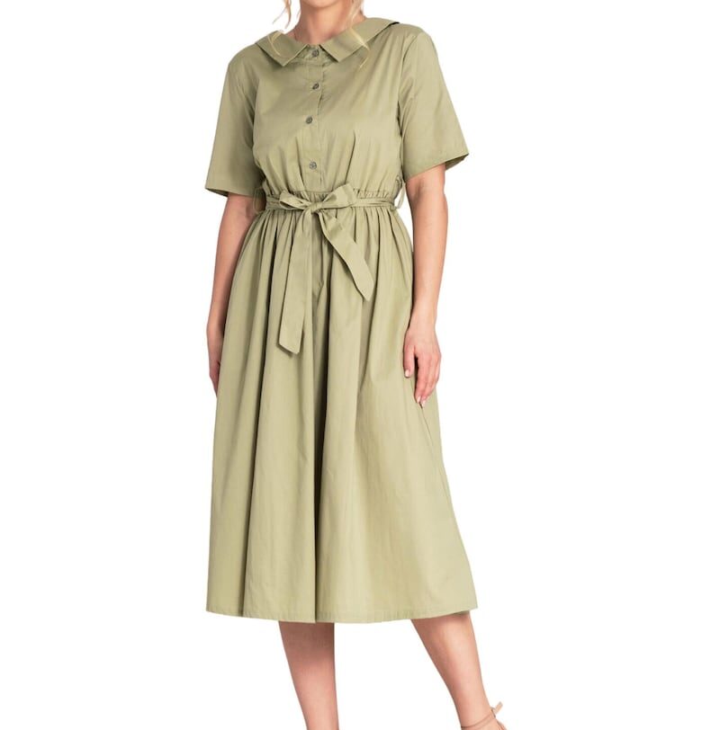 Миди рокля -  зелена - модел риза - памук - SM Figl