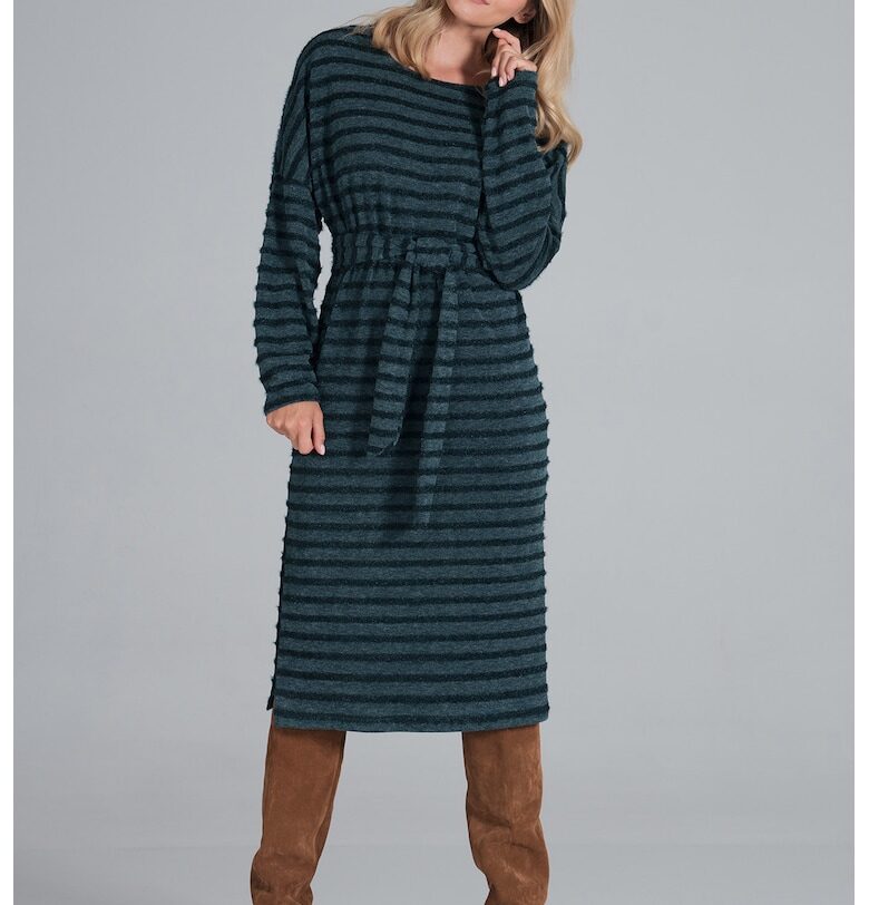 Миди рокля  зелена с райета - плетена - дълъг ръкав - полиестер - SM Figl