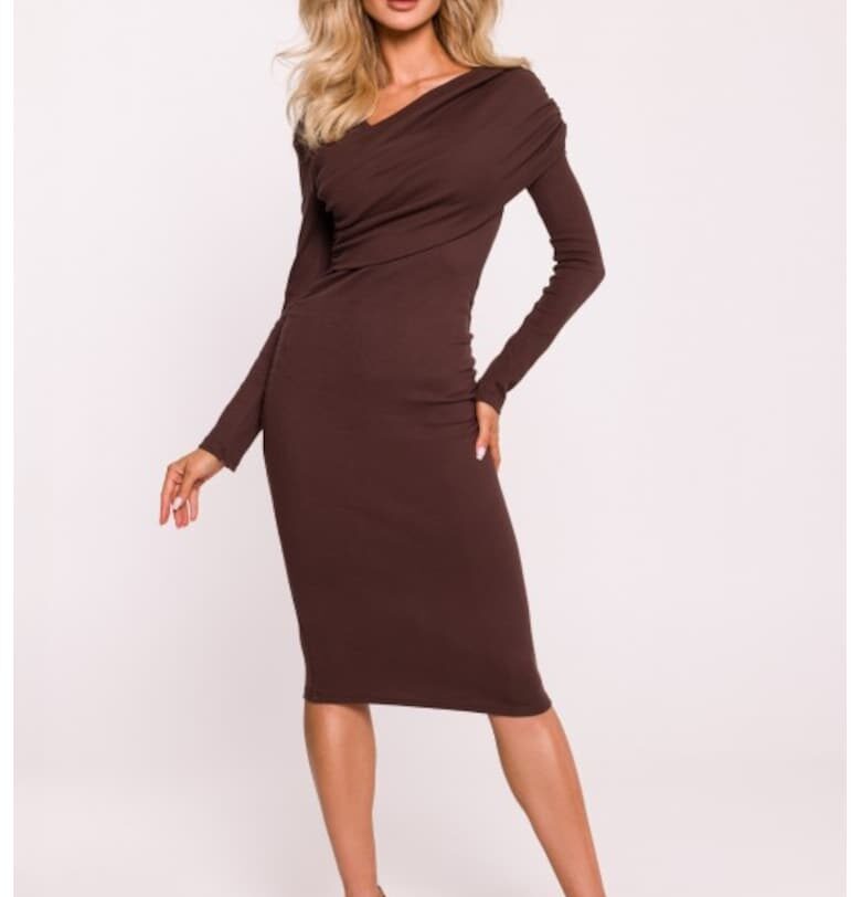 Миди рокля с асиметрично деколте -  Кафяв MOE