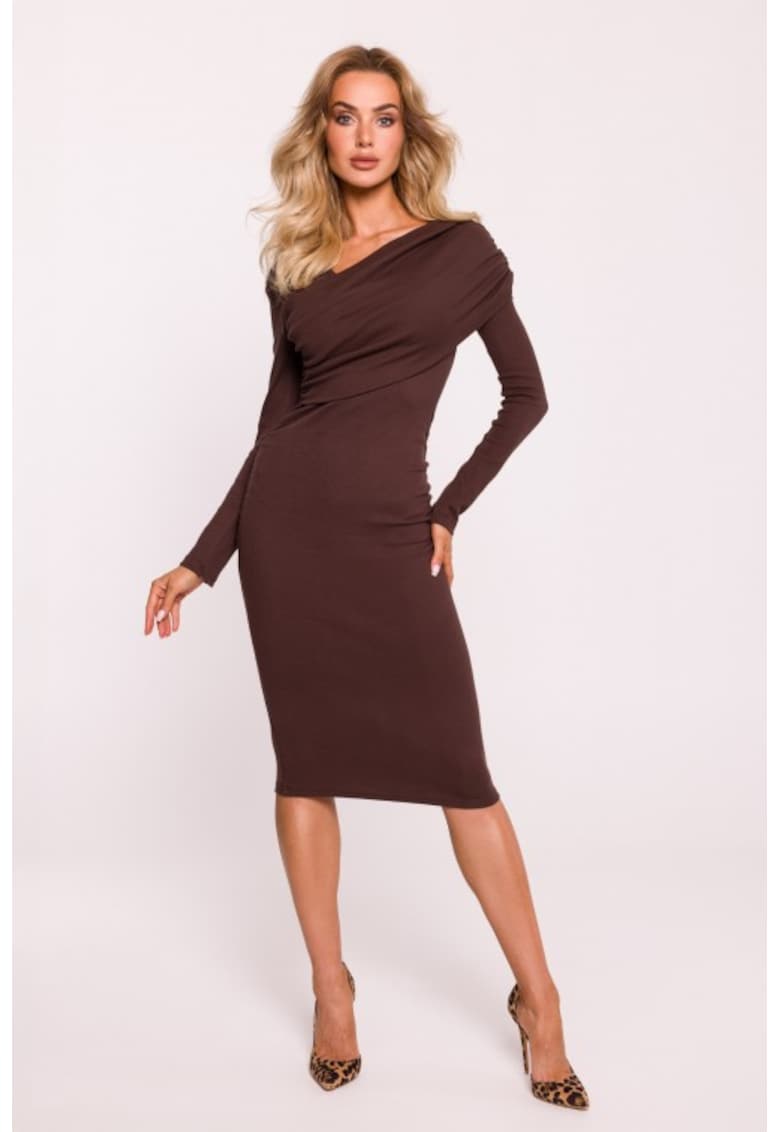 Миди рокля с асиметрично деколте - Кафяв MOE