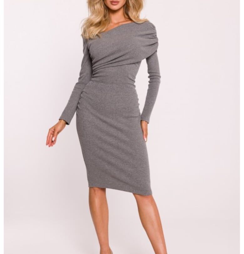 Миди рокля с асиметрично деколте -  Сив меланж MOE