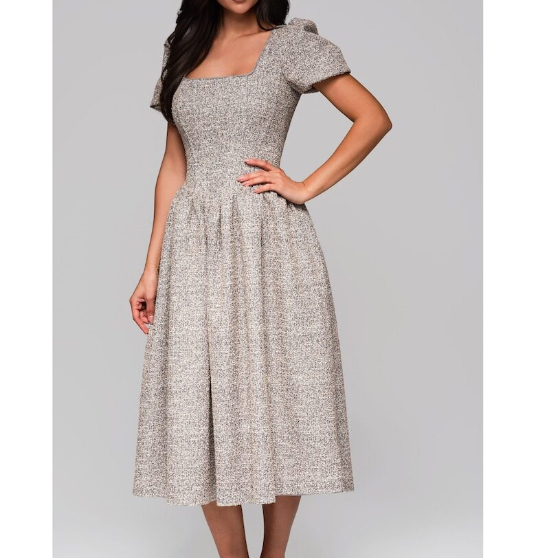 Миди рокля с буфан ръкави и квадратно деколте  LA-OM-DLR220 - Сив Larica