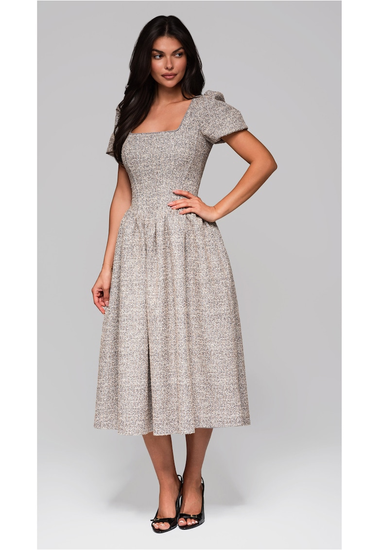 Миди рокля с буфан ръкави и квадратно деколте LA-OM-DLR220 - Сив Larica