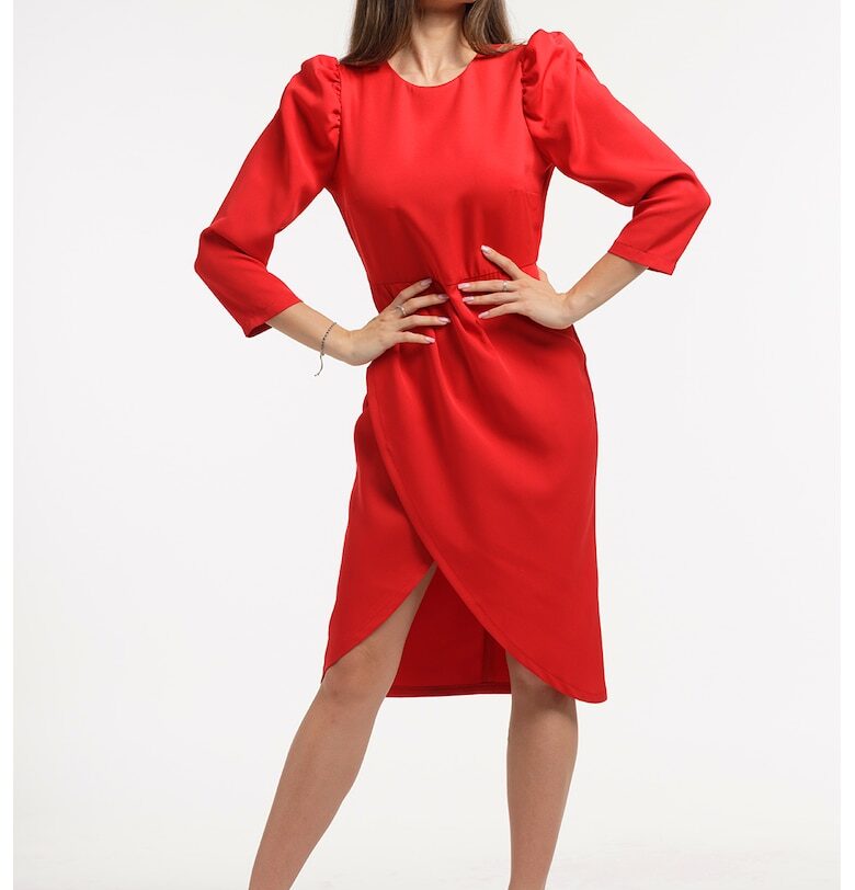 Миди рокля с бухнали ръкави - Аленочервен CAMISSI