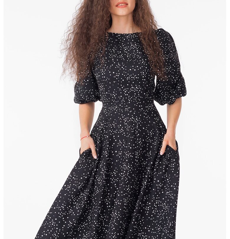 Миди рокля с бухнали ръкави - Бял/Избеляло черно CAMISSI