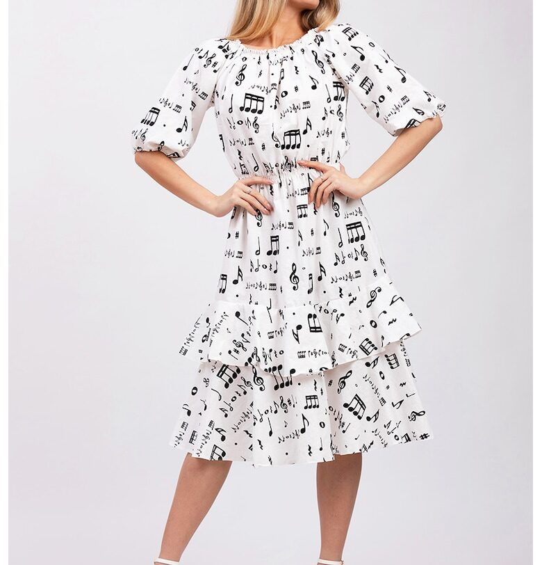 Миди рокля с бухнали ръкави - Бял/Черен CAMISSI