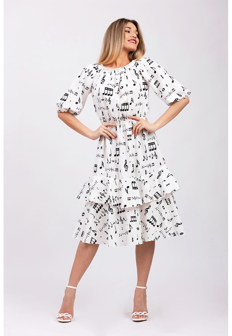 Миди рокля с бухнали ръкави - Бял/Черен CAMISSI