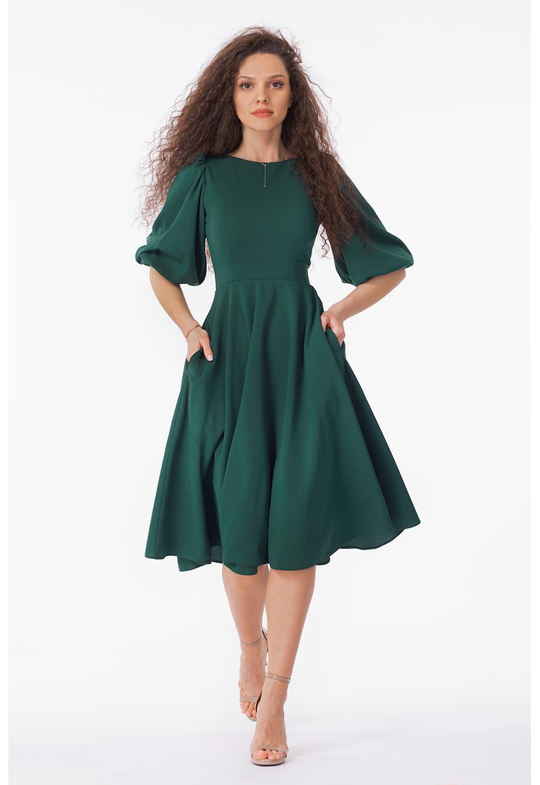 Миди рокля с бухнали ръкави - Тъмнозелен CAMISSI