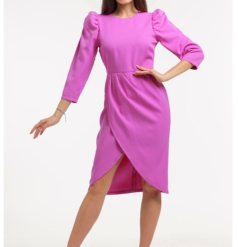 Миди рокля с бухнали ръкави - Фанданго розово CAMISSI