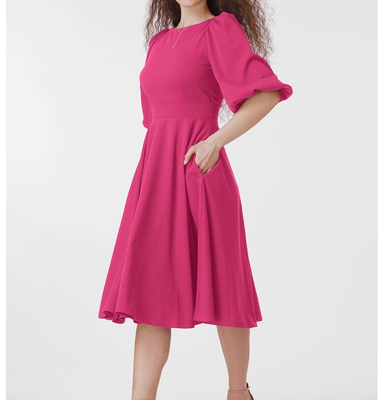 Миди рокля с бухнали ръкави - Фуксия CAMISSI