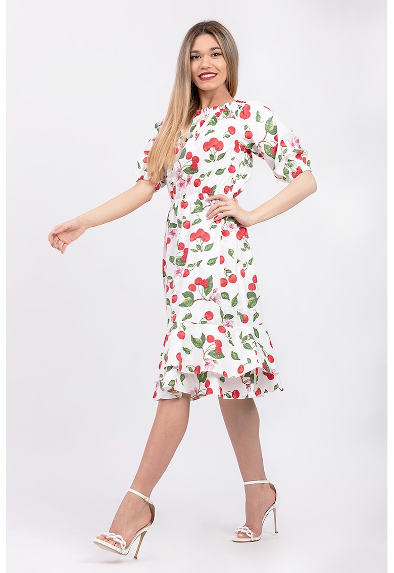 Миди рокля с бухнали ръкави - Червен/Бял/Зелен CAMISSI