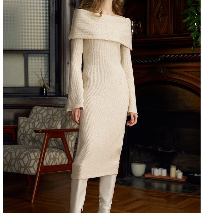 Миди рокля с голи рамене - Бежов Noria Anis