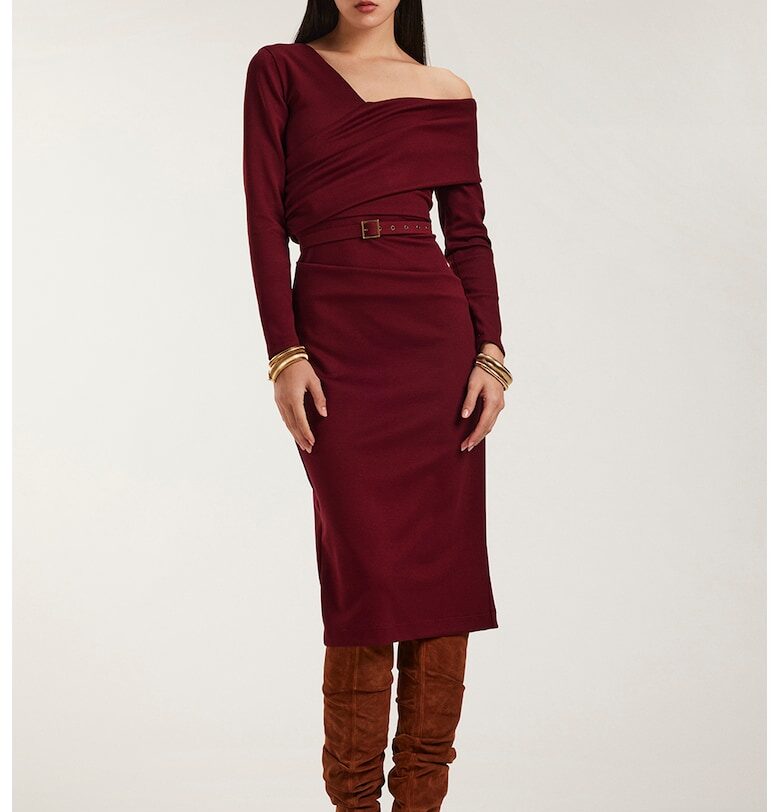 Миди рокля с голо рамо и колан - Бордо Alina Cernatescu