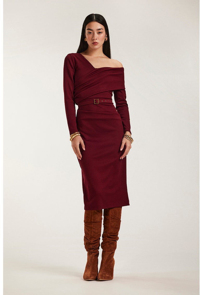 Миди рокля с голо рамо и колан - Бордо Alina Cernatescu