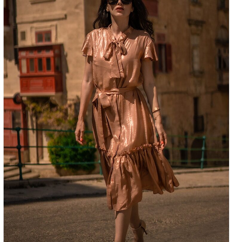 Миди рокля с голяма панделка - Бронз Larisa Dragna