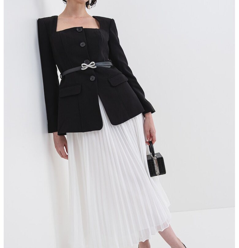 Миди рокля с дизайн 2 в 1 и колан - Черен/Мръснобял SELF-PORTRAIT