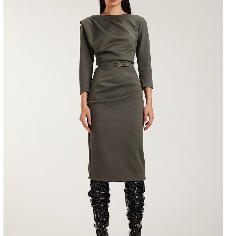 Миди рокля с драпиране - Tъмносив Alina Cernatescu