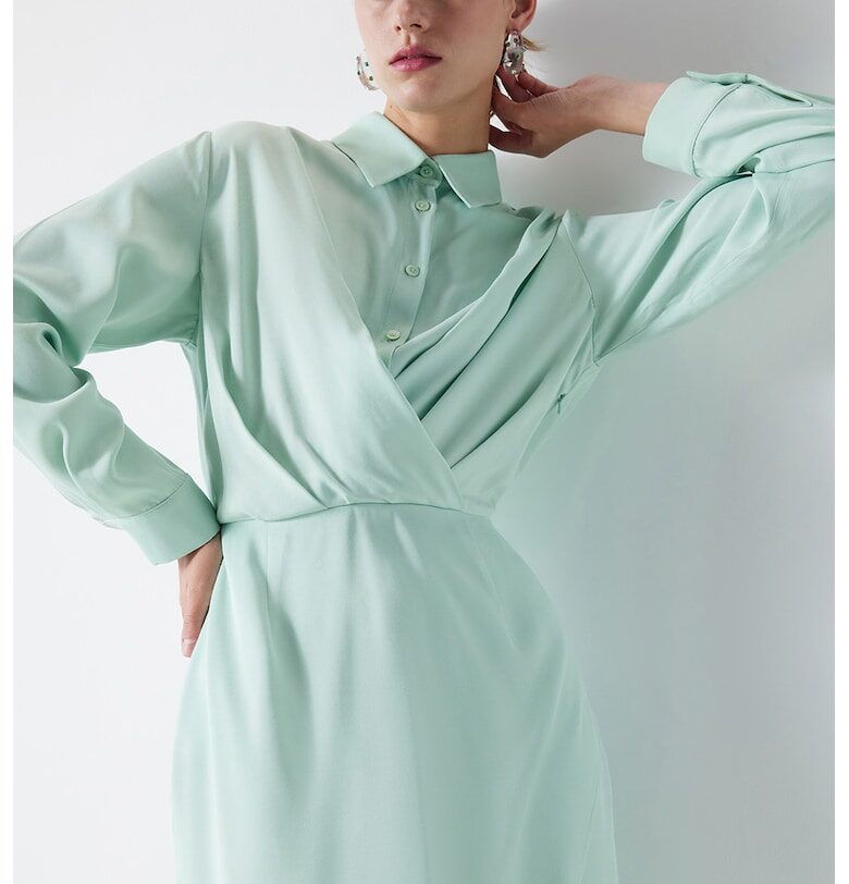 Миди рокля с дълги ръкави и драперии - Бледозелен Ipekyol