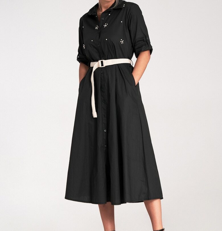 Миди рокля -  с кристали - черна - тип риза - SM Figl