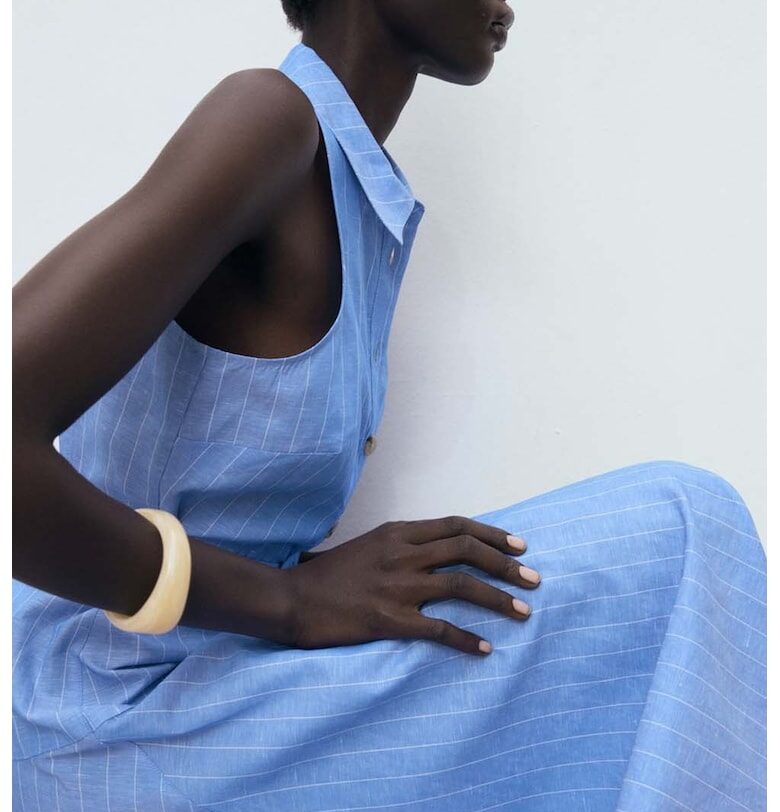 Миди рокля с лен - Бял/Светлосин Mango