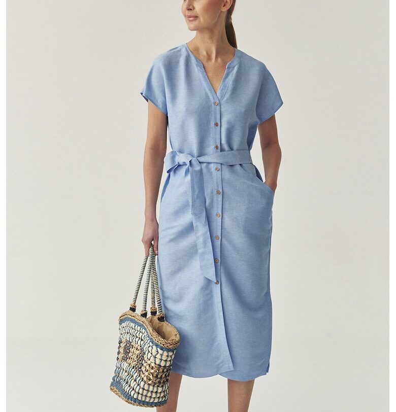 Миди рокля с лен с връзка на талията - Пастелносин Tatuum