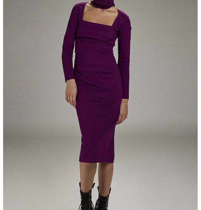 Миди рокля с лен с квадратно деколте - Виолетов Alina Cernatescu