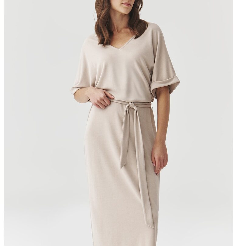 Миди рокля с модал с връзка на талията - Бежов Tatuum