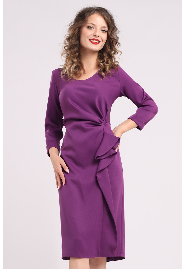 Миди рокля с набирания и дипли - Виолетов CAMISSI