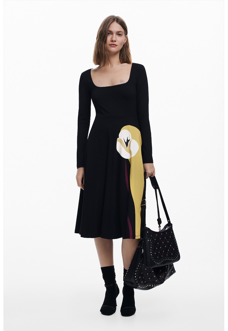 Миди рокля с памук с квадратно деколте - Черен/Бежов DESIGUAL