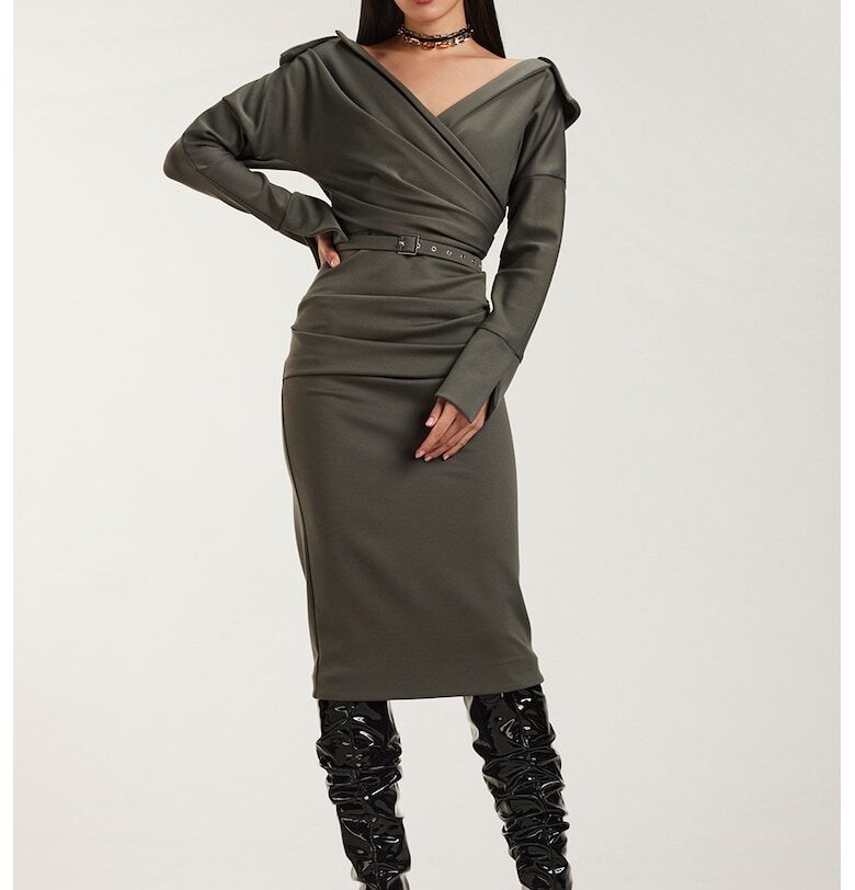 Миди рокля с рюш - Tъмносив Alina Cernatescu