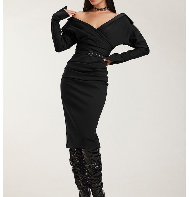 Миди рокля с рюш - Черен Alina Cernatescu