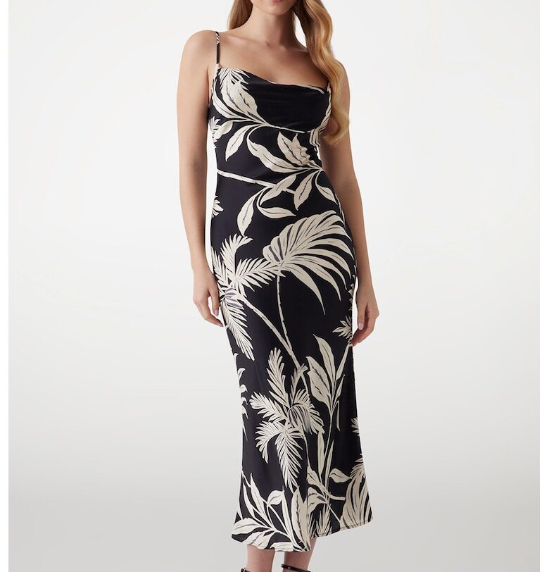 Миди рокля с шарка на листа - Черен/Мръснобял GUESS