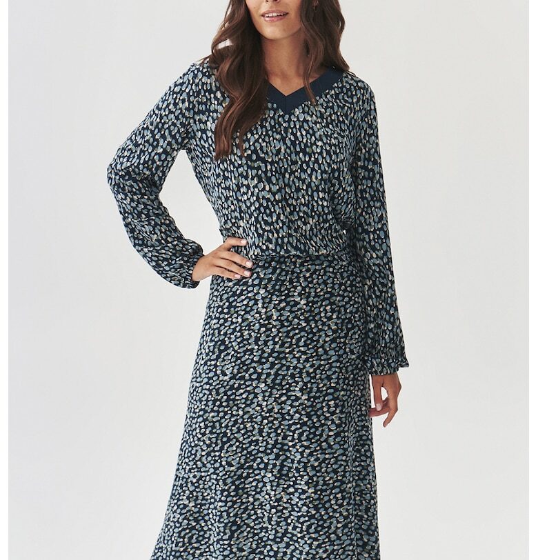 Миди рокля с шпиц и принт - Черен/Прашно синьо Tatuum