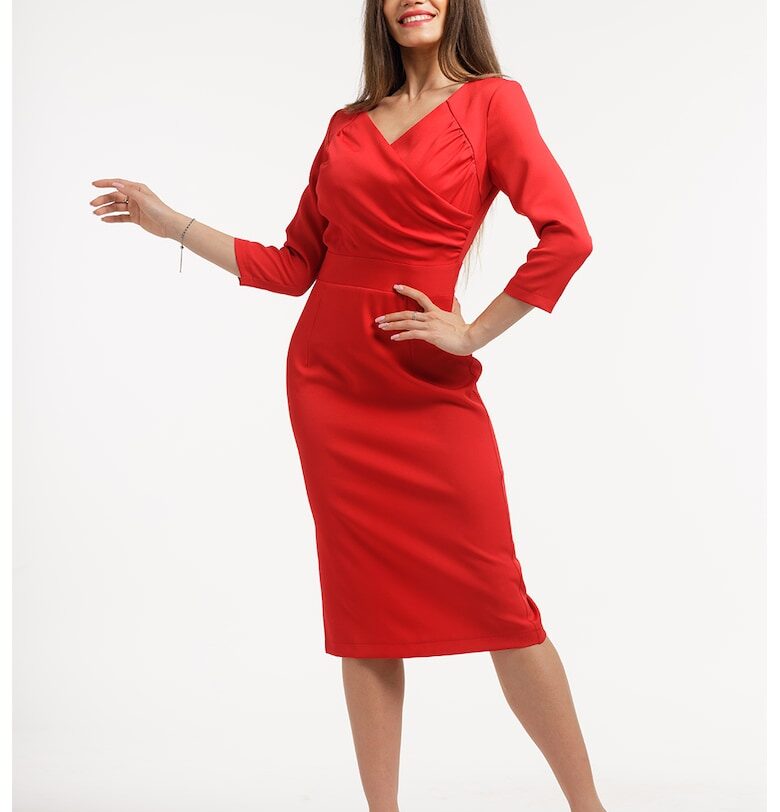 Миди рокля с шпиц и шлиц отзад - Аленочервен CAMISSI