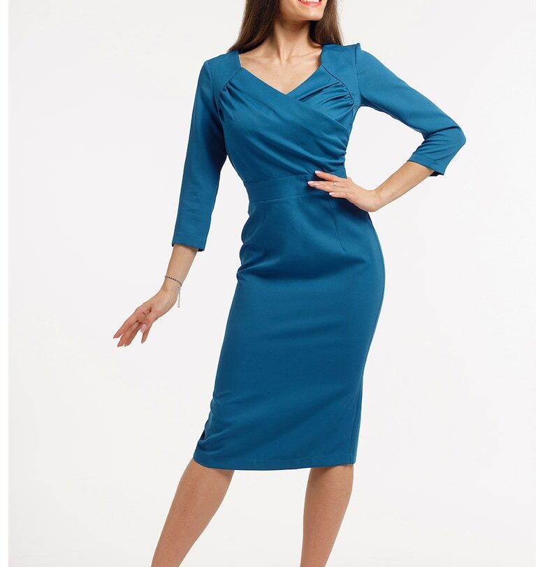 Миди рокля с шпиц и шлиц отзад - Петролно синьо CAMISSI