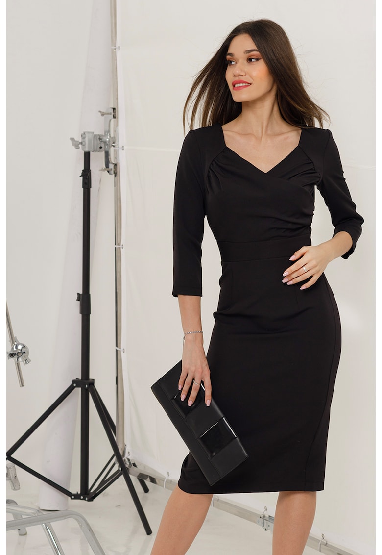 Миди рокля с шпиц и шлиц отзад - Черен CAMISSI