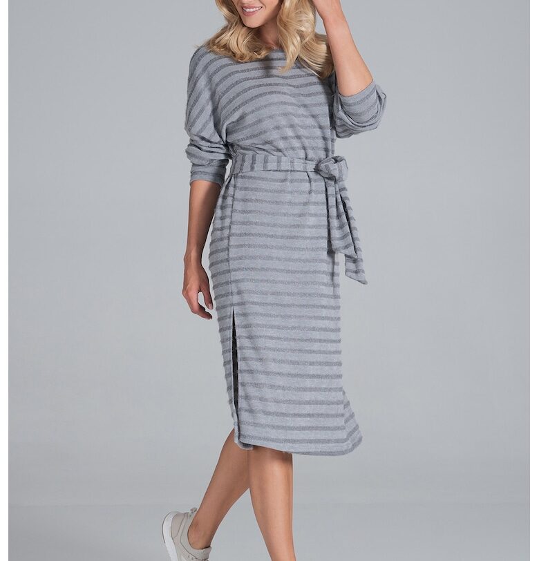 Миди рокля  сива с райета - дълъг ръкав - полиестер - SM Figl