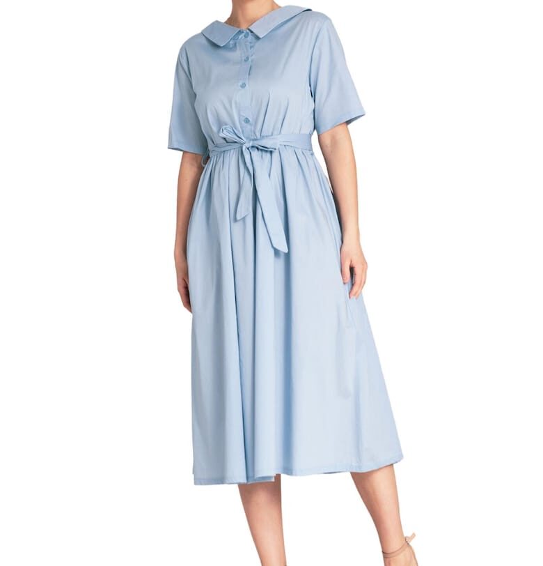 Миди рокля -  синя - памук - семпла кройка - закопчаване с копчета - SM Figl